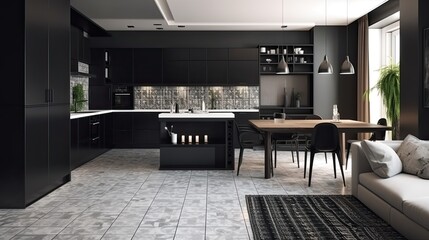 Wall Mural - Modern black and white stylish kitchen with living room interior design. generative ai