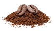 Pile of ground coffee and coffee beans isolated on white background