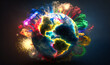 A dazzling globe manipulation background with fireworks representing global celebrations and culture
