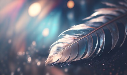 Poster -  a close up of a feather on a table with a blurry background and boke of light coming from the back of the feather.  generative ai