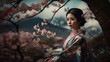 portrait of a beautiful young asian woman relaxing and thinking under the blossoming cherry sakura trees in japan, generative ai