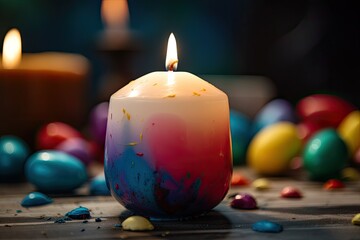 Wall Mural - Colorful Candle with Festive Painted Easter Eggs on Easter Celebration background