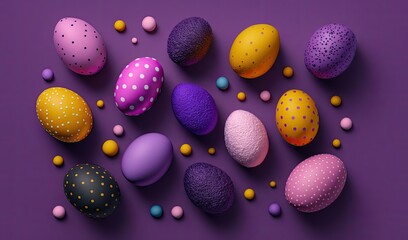 Wall Mural - Colorful Festive Painted Easter eggs on purple background