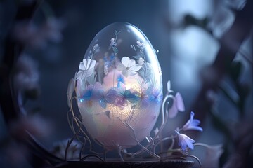 Wall Mural - Fantasy Spectral Easter Egg in Fantasy Fairy Mist Background with flowers festive background for decorative design