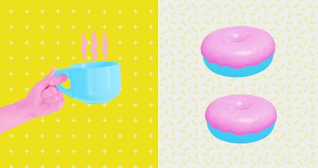 Wall Mural - Modern loop photo collage animation. Cup of coffee and donuts. Breakfast concept