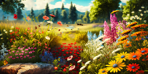 Wall Mural - A colorful and whimsical meadow filled with wildflowers of all kinds