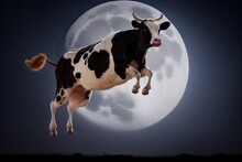 Cow Jump Over The Moon. Generative AI. Digital Art Illustration