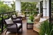 © Hanjin - A charming Balkon adorned with lush greenery and comfortable seating arrangements, creating a serene and inviting atmosphere - Generative AI
