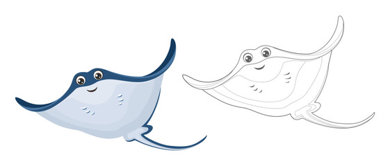 coloring page outline of cartoon ramp fish. smiling stingray icon. cartoon sea animal. vector flat i