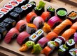 Beautiful tray of fresh sushi. AI generative illustrations