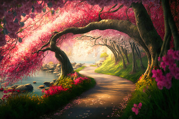 Wall Mural - A colorful array of cherry blossom trees lining a tranquil pathway