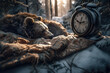 Funny image of a bear hibernate in winter forest snow, under blanket, sleeping beside vintage alarm clock to wake him up in spring, generative ai
