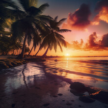 Sunset On A Caribbean Beach, Generated Ai