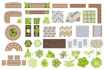 Architectural elements set graphic elements in flat design. Bundle of pathways, tiles, plants, table, chairs, benches and other in top view for garden yard map. Illustration isolated objects