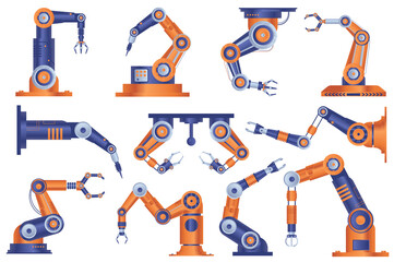 Aufkleber - Industrial robot arms set graphic elements in flat design. Bundle of automatic robotic manipulators hands for working at conveyor line of assembly factory. Illustration isolated objects