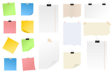 Wall Mural - Note papers set graphic elements in flat design. Bundle of different types of notebook sheets, torn pieces of paper, colored stickers with tapes, pins or clips. Illustration isolated objects