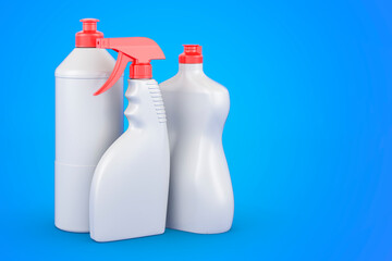Poster - Mock-up plastic bottles. Detergent, cleaning products on blue background, 3D rendering