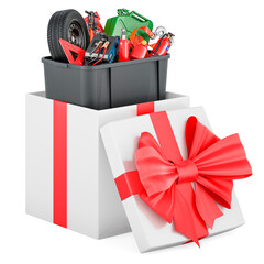 Poster - Plastic box full of car tools, equipment and accessories inside gift box, present concept. 3D rendering