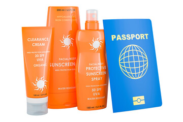 Poster - Sunscreen products with international passport, 3D rendering