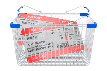 Poster - Bus tickets inside shopping basket, 3D rendering