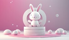  A White Rabbit Sitting On Top Of A Table Next To Some White Eggs And Bubbles On A Pink Background With A Pink Background And A Pink Backdrop.  Generative Ai