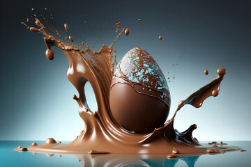 Luxury chocolate easter eggs making a splash in chocolate. Generative ai