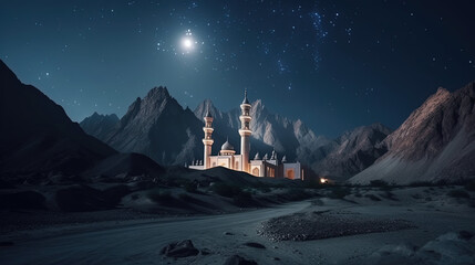 Wall Mural - Mosque night view, sand and calm atmosphere mountain, Generate AI