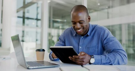 Aufkleber - Office tablet, reading and happy black man review of data analysis, social media statistics or customer experience insight. Brand monitoring software, ecommerce and person working on online feedback