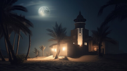 Wall Mural - Mosque night view, sand and calm atmosphere mountain, Generate AI