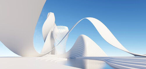 Wall Mural - 3d render surreal white minimal architecture background with geometric shapes, abstract fantastic de