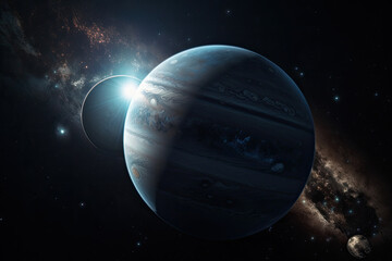 Wall Mural - planet in space with a blue orb appraoching