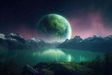 Wall Mural - green aurora at a winter mountain lake