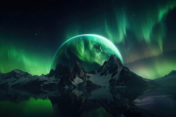 Wall Mural - green aurora at a winter mountain