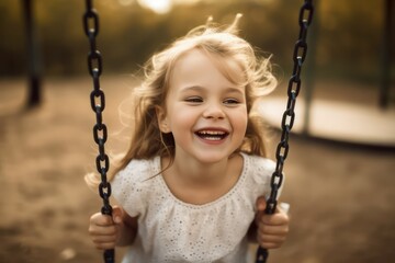 Wall Mural - Candid shot, young girl joyously playing on a swing, happiness, childhood, freedom, vitality, outdoor fun, carefree, generative ai