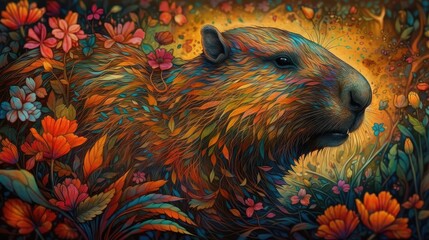 Capybara painting in floral ornament illustration