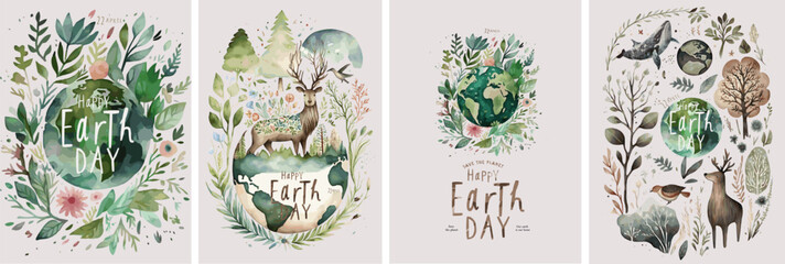 Happy Earth Day! Vector watercolor illustrations about saving the planet, nature and ecology. Drawings of plants, deer, whale, leaves and trees for poster, background or banner