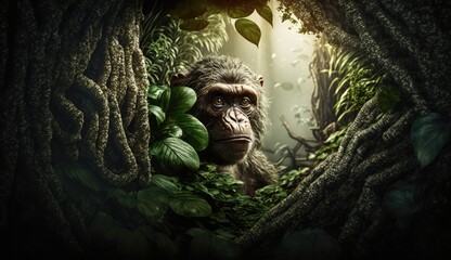 Wall Mural - chimpanzee hiding in the forest. created with generative ai.