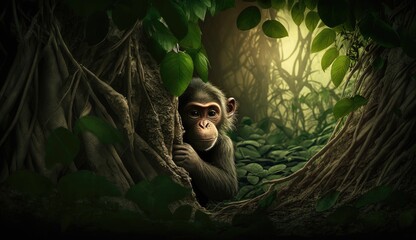 Wall Mural - chimpanzee hiding in the forest. created with generative ai.