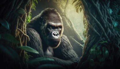 Wall Mural - gorilla hidden in the forest. created with generative ai.