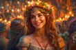 Beltane Celebration: Woman Participating in a Ritual Around a Bonfire. happy, beautiful, flirty girl enjoying the Beltane holiday ceremony. 