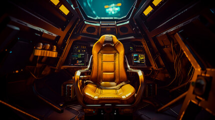 the interior of spaceship with yellow lights. generative ai.