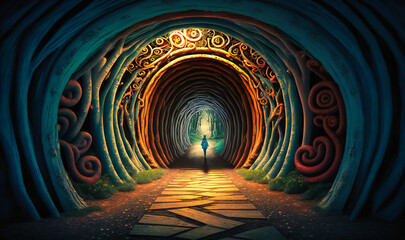 A fantastical and surreal tunnel, inspired by Alice in Wonderland