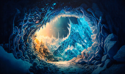 Wall Mural - A magical and icy tunnel, with shimmering ice crystals and frozen landscapes