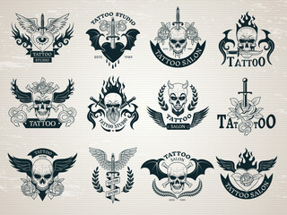 Poster - Tattoo badges. Arts templates for human skin body art recent vector tattoo labels with place for text