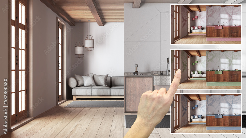 Architect designer concept, hand showing japandi living room and ...
