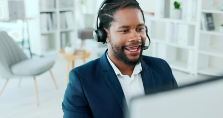 Poster - Video call center and black man on computer virtual communication, online meeting or discussion in office. Professional person with work from home job at desktop support, update or talking of advice