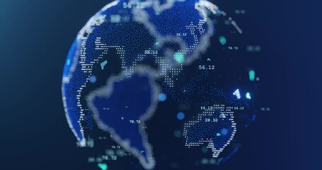 Poster - Digital earth globe rotating with business data market elements, Bar, Pie charts and numbers. Business and Technology Concept, Data analysis. Seamless loop 3D animation.