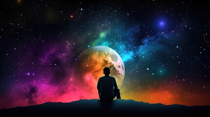 Un homme assis seul sur la lune regarde les étoiles colorées de l'univers.