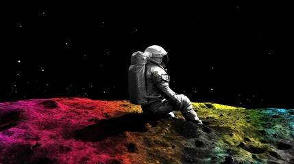 Un homme assis seul sur la lune regarde les étoiles colorées de l'univers.