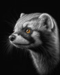 Generated portrait of a ferret with yellow eyes on a contrasting black background in black and white format